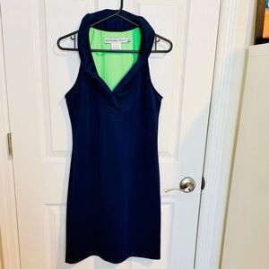 Gretchen Scott Designs sleeveless ruffle neck Navy Dress